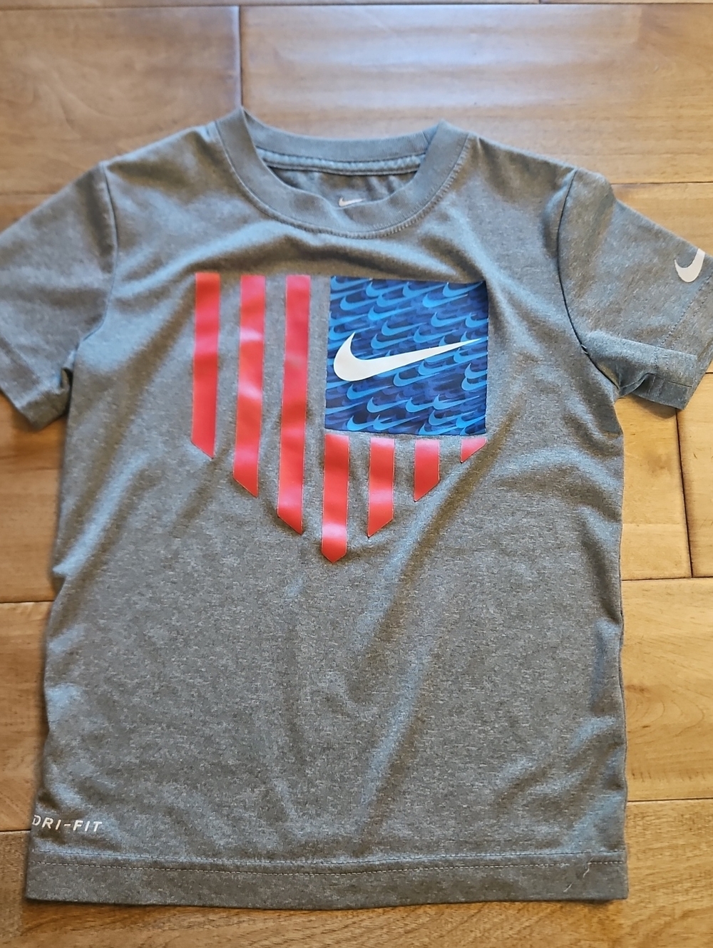 Nike Gray Short-Sleeve Tee with Red Stripes & Blue Graphic
